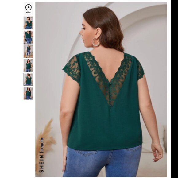 French Style Plus Size Embroidered Mesh V Neck Blouse, Dark Green, 2X / 3X - Picture 2 of 8